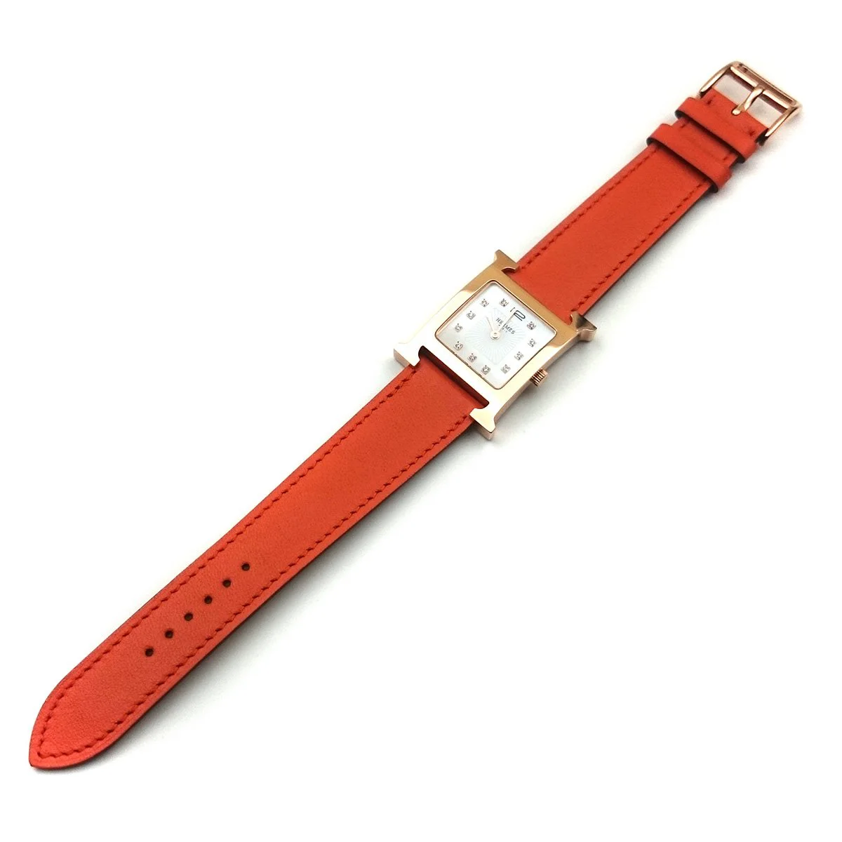 Heure H Rose Gold with Diamond Markers on Orange Fjord Leather Strap
