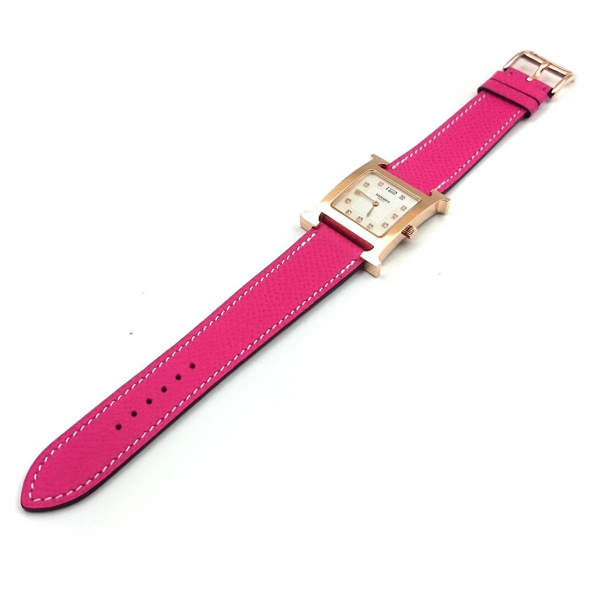 Heure H Rose Gold with Diamond Markers on Pink Epsom Leather Strap