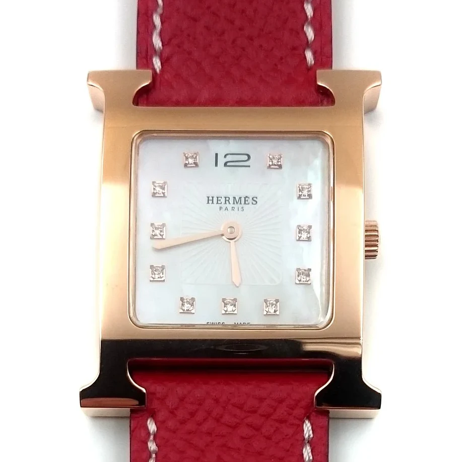 Heure H Rose Gold with Diamond Markers on Red Epsom Leather Strap