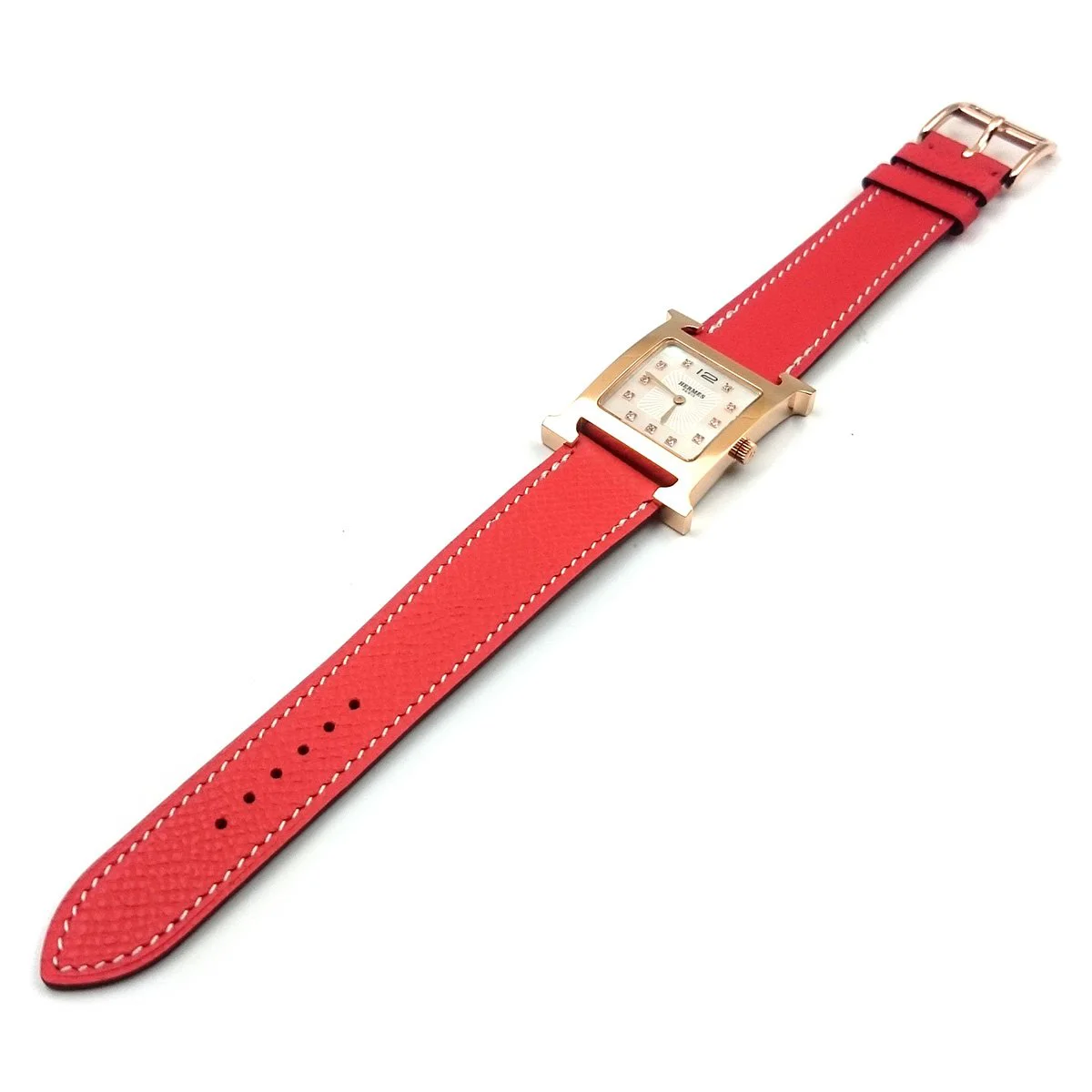 Heure H Rose Gold with Diamond Markers on Vermilion Epsom Leather Strap