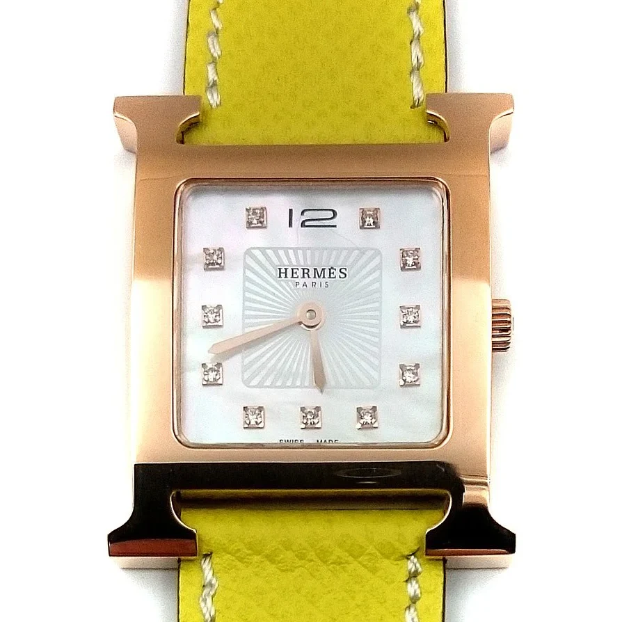 Heure H Rose Gold with Diamond Markers on Yellow Epsom Leather Strap