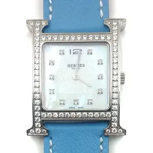 Heure H Steel with Diamond Bezel and Markers on Light Blue Fjord Leather Strap