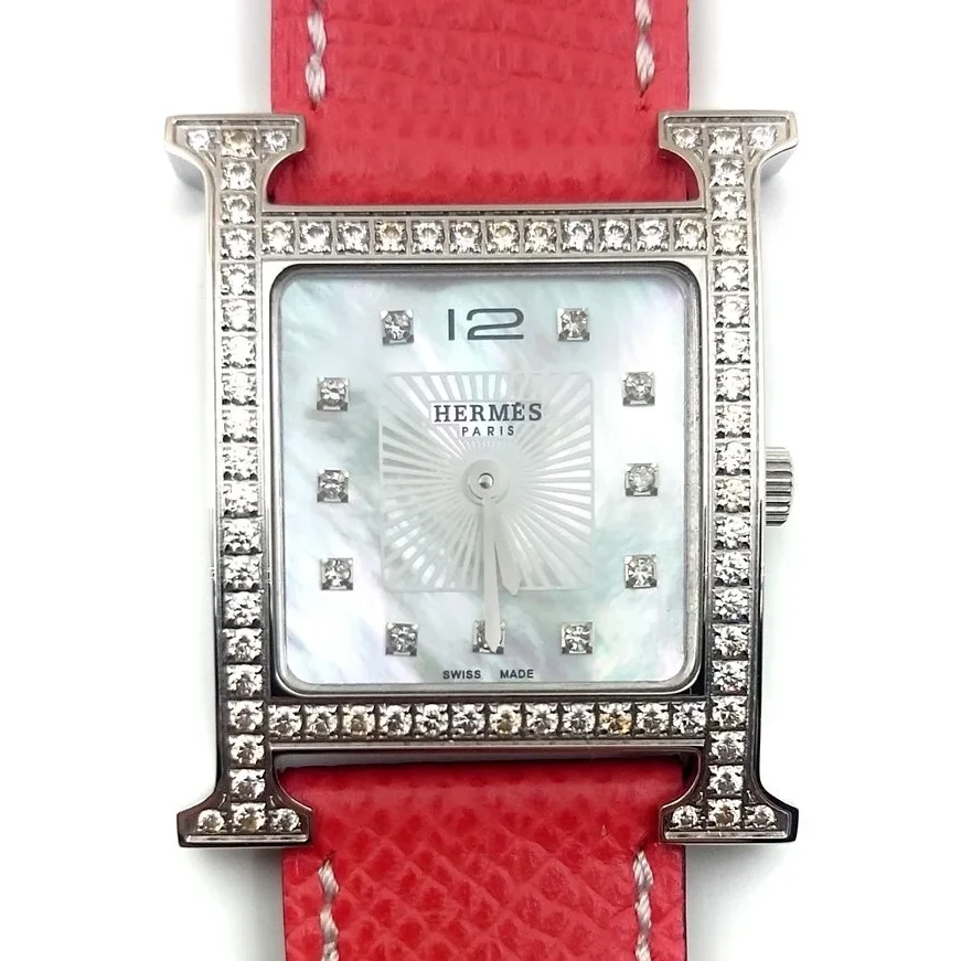 Heure H Steel with Diamond Bezel and Markers on Vermilion Epsom Leather Strap