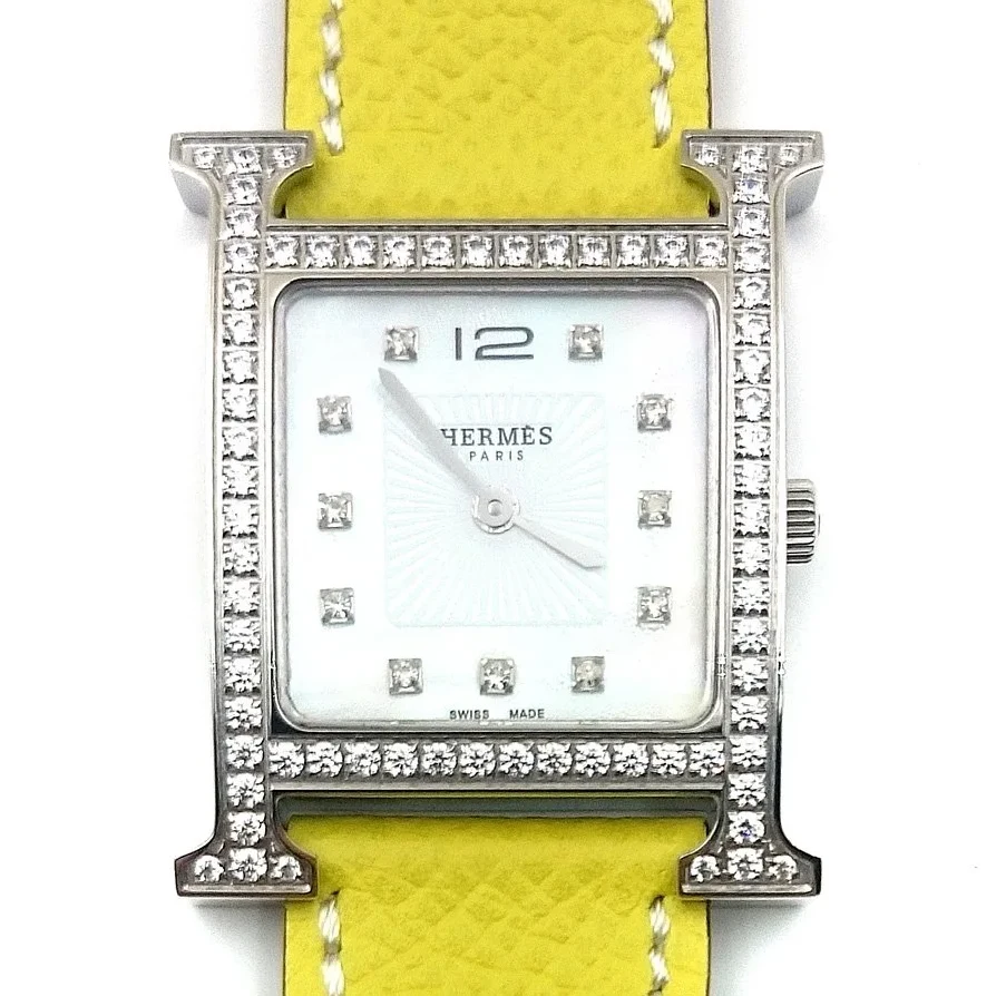 Heure H Steel with Diamond Bezel and Markers on Yellow Epsom Leather Strap