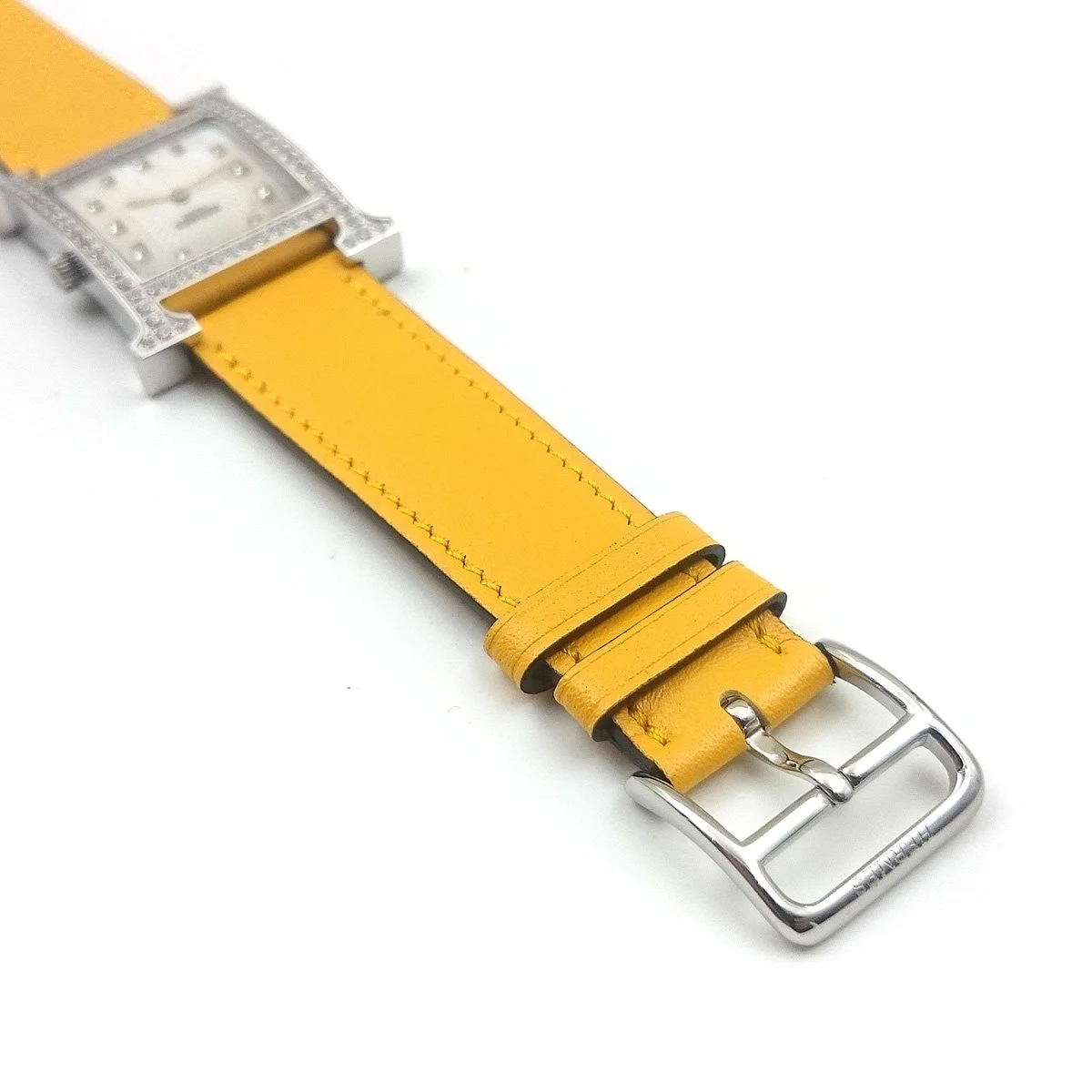 Heure H Steel with Diamond Bezel and Markers on Yellow Epsom Leather Strap