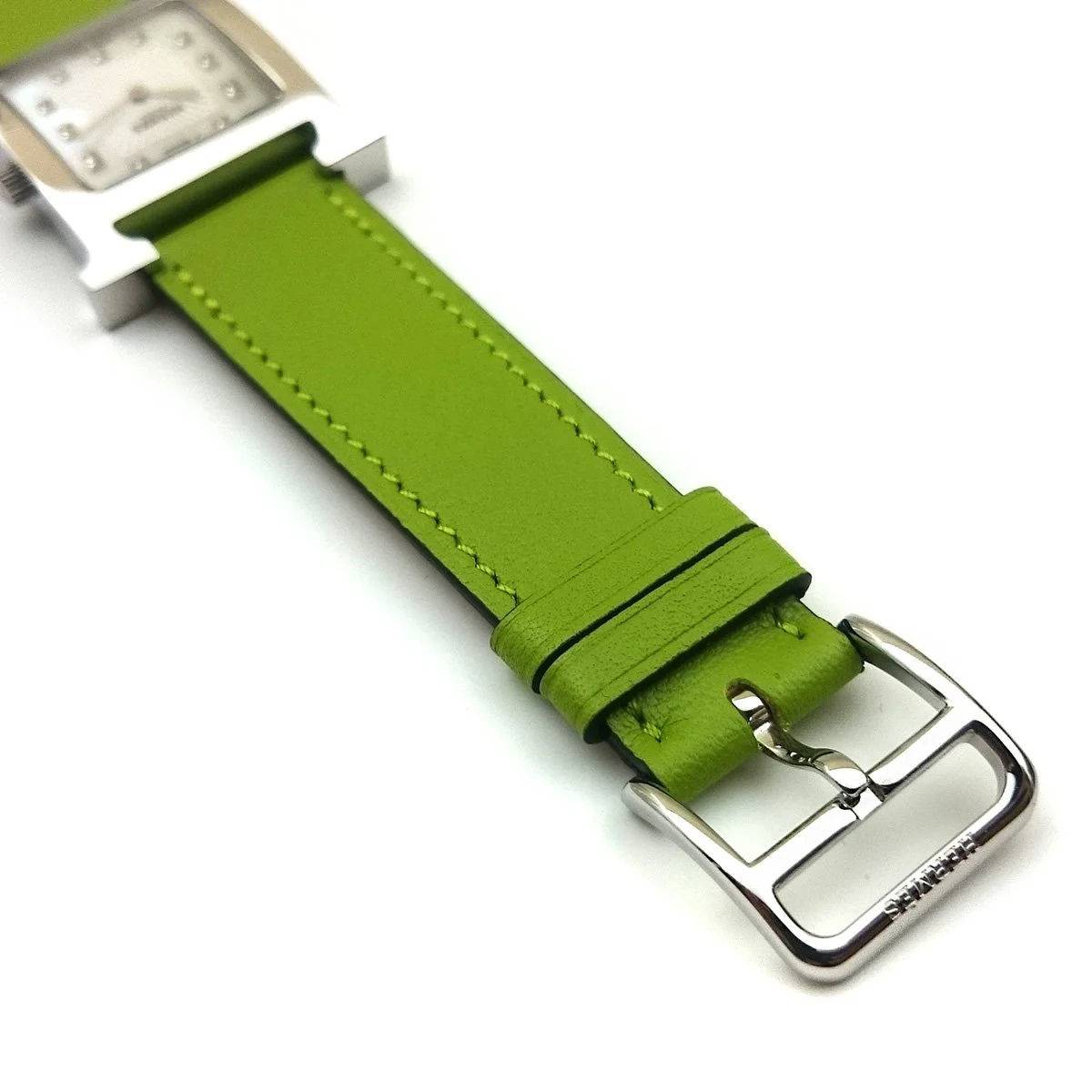 Heure H Steel with Diamond Markers on Green Fjord Leather Strap