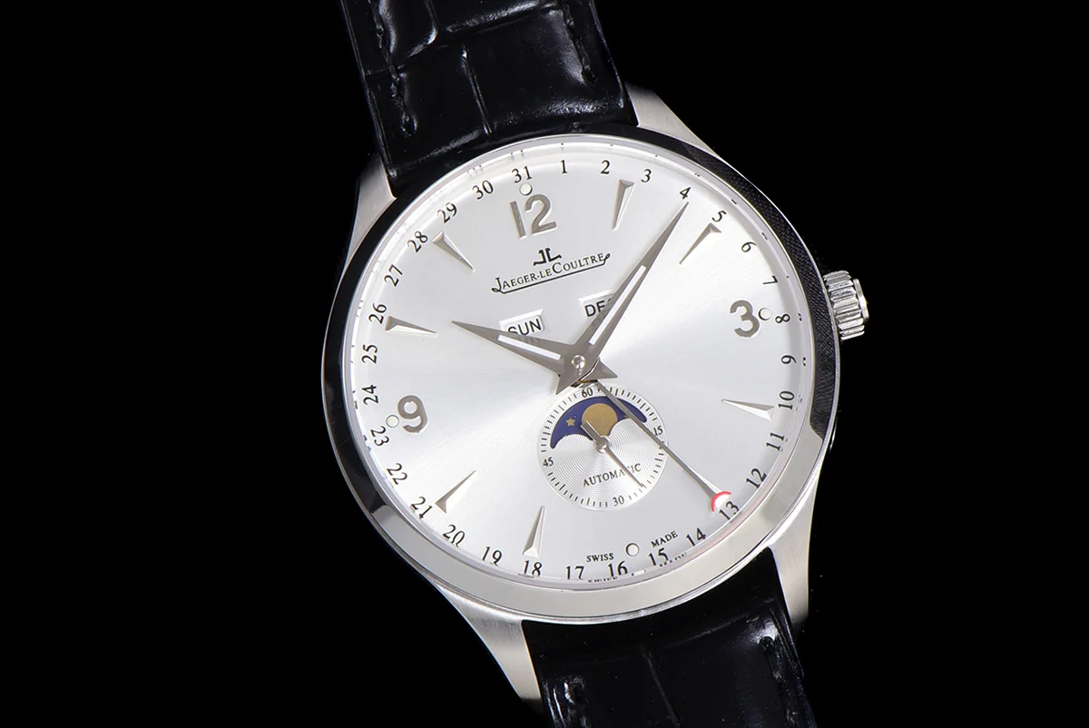 Master Calendar Silver Dial in Steel on Black Leather Strap