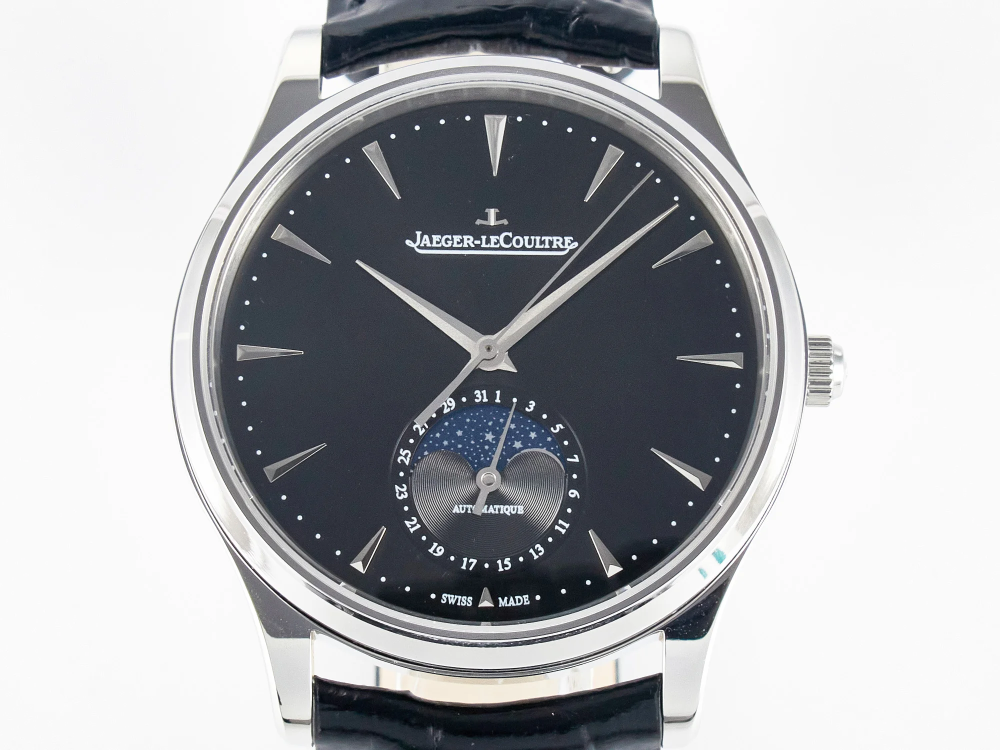 Master Ultra Thin Moon 1368420 SS Z+F 1:1 Best Edition Black Dial on Black Leather Strap SA925 Super Clone