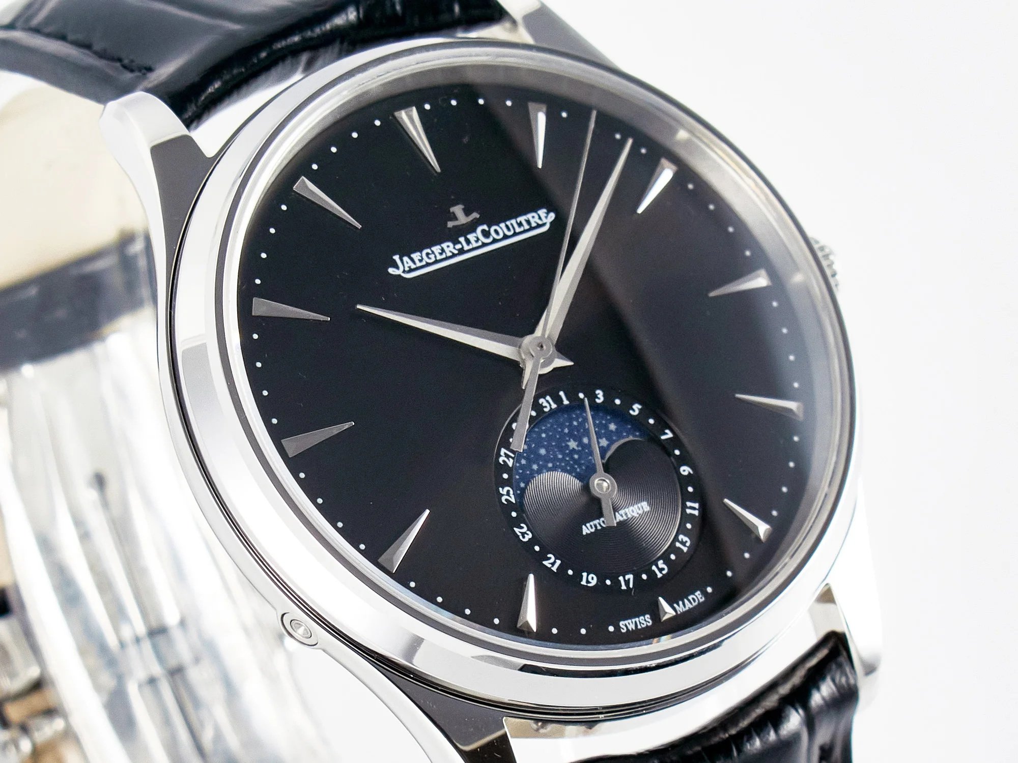 Master Ultra Thin Moon 1368420 SS Z+F 1:1 Best Edition Black Dial on Black Leather Strap SA925 Super Clone
