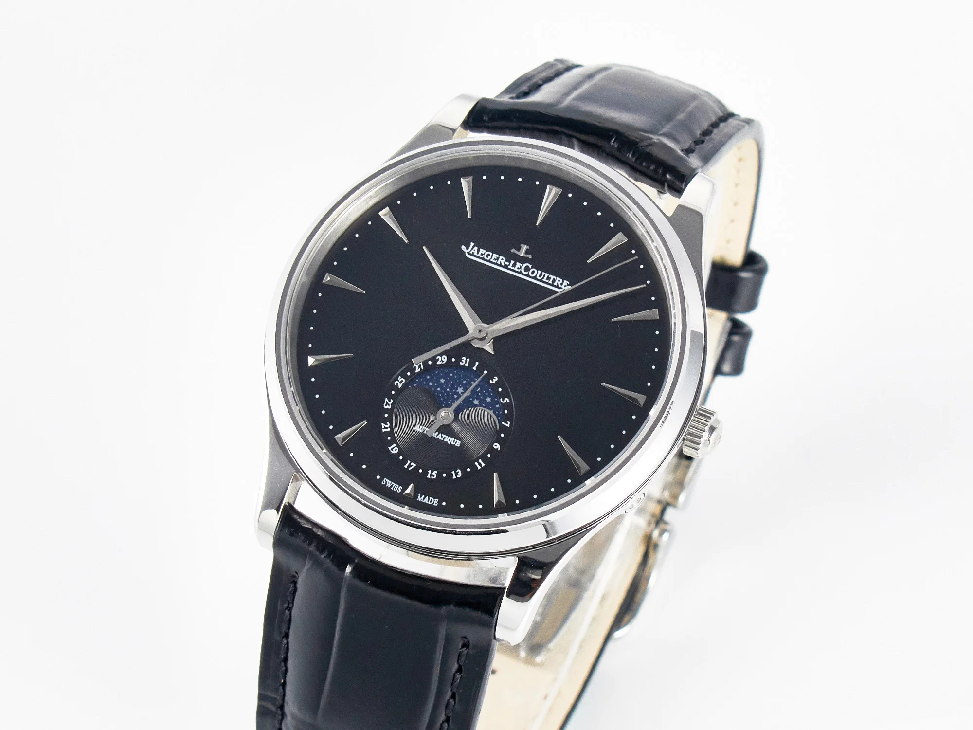 Master Ultra Thin Moon 1368420 SS Z+F 1:1 Best Edition Black Dial on Black Leather Strap SA925 Super Clone