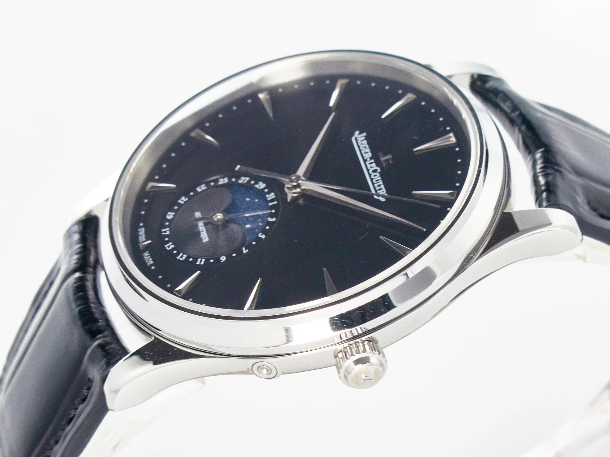 Master Ultra Thin Moon 1368420 SS Z+F 1:1 Best Edition Black Dial on Black Leather Strap SA925 Super Clone