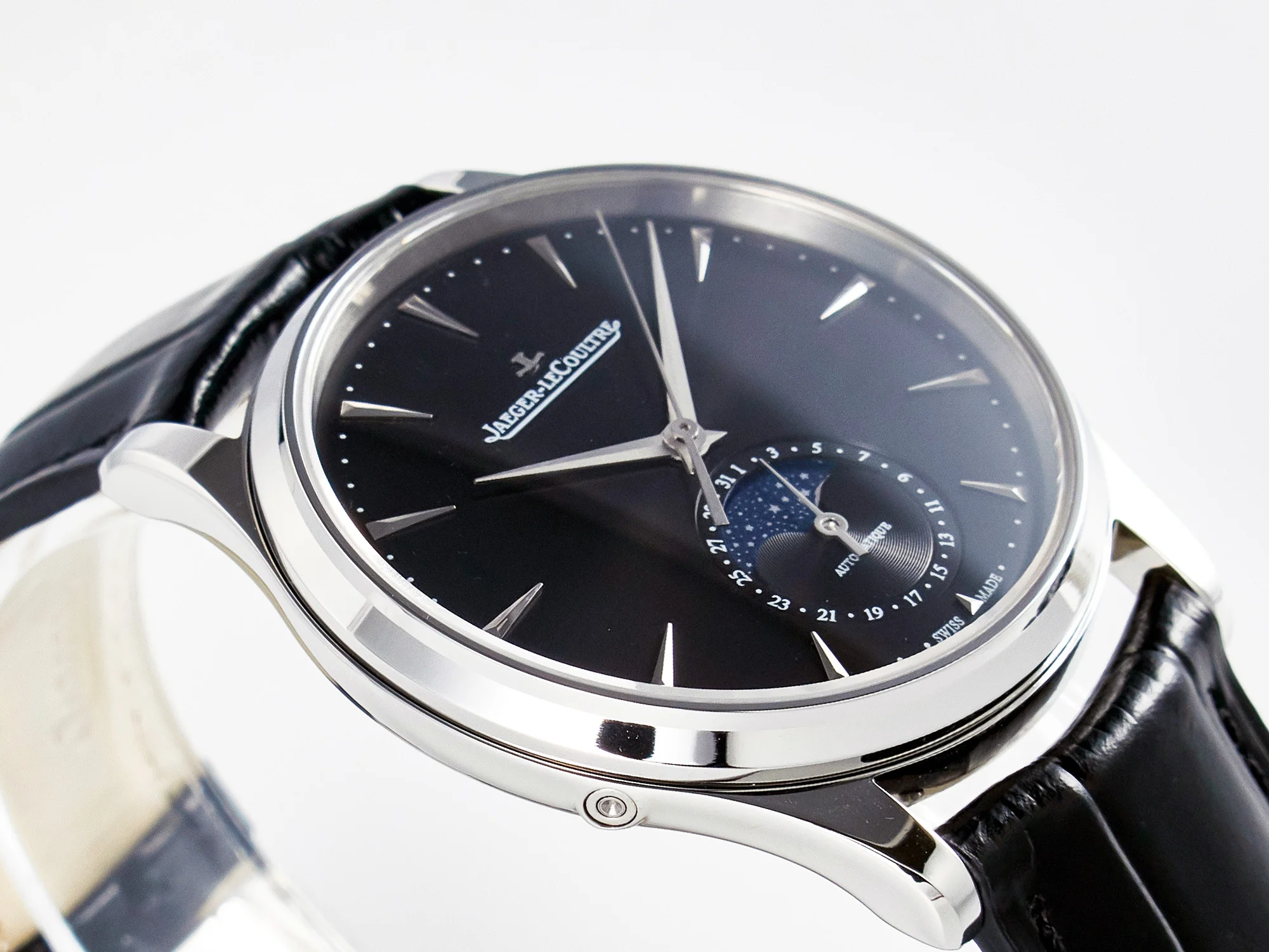 Master Ultra Thin Moon 1368420 SS Z+F 1:1 Best Edition Black Dial on Black Leather Strap SA925 Super Clone