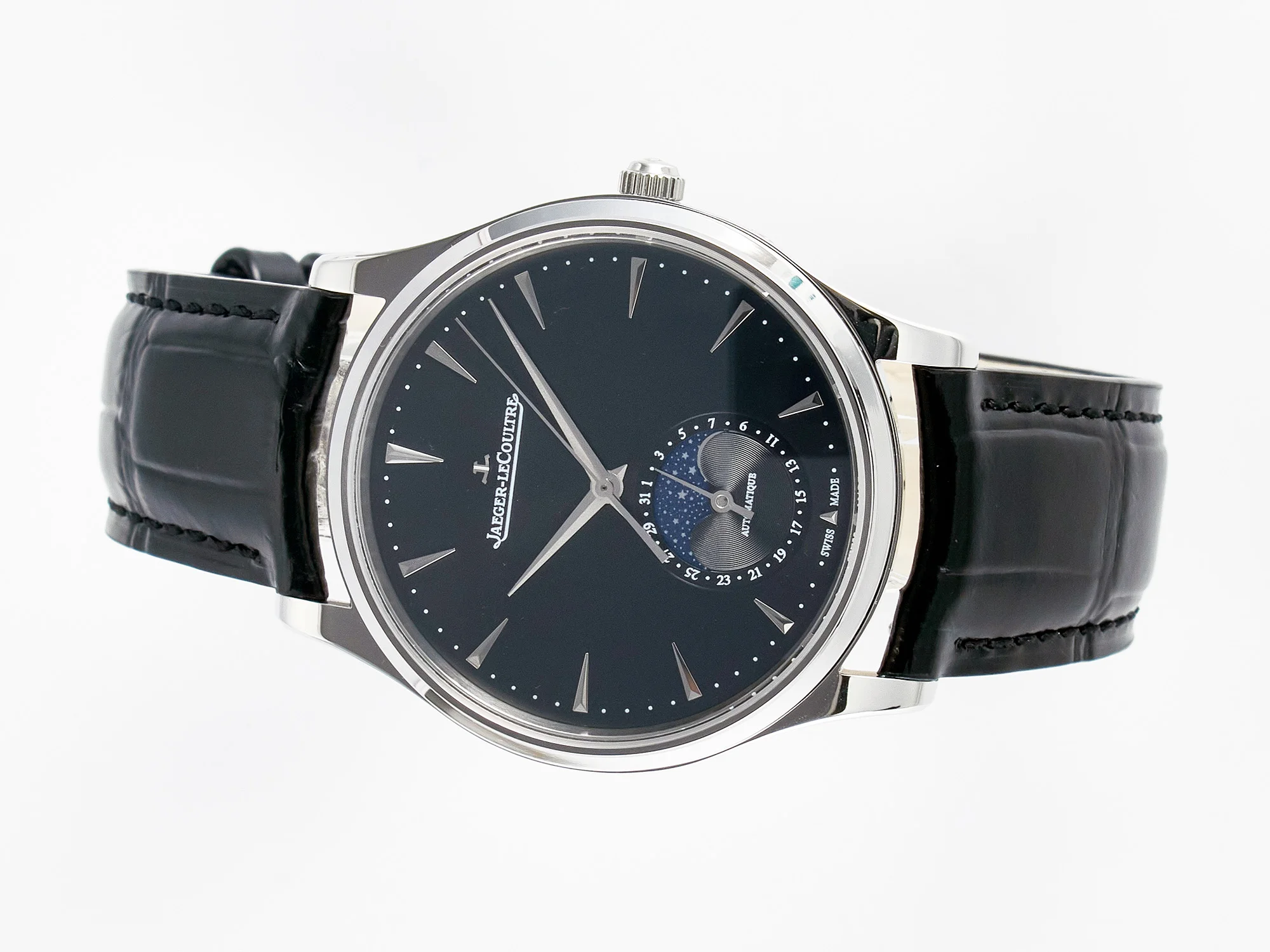 Master Ultra Thin Moon 1368420 SS Z+F 1:1 Best Edition Black Dial on Black Leather Strap SA925 Super Clone