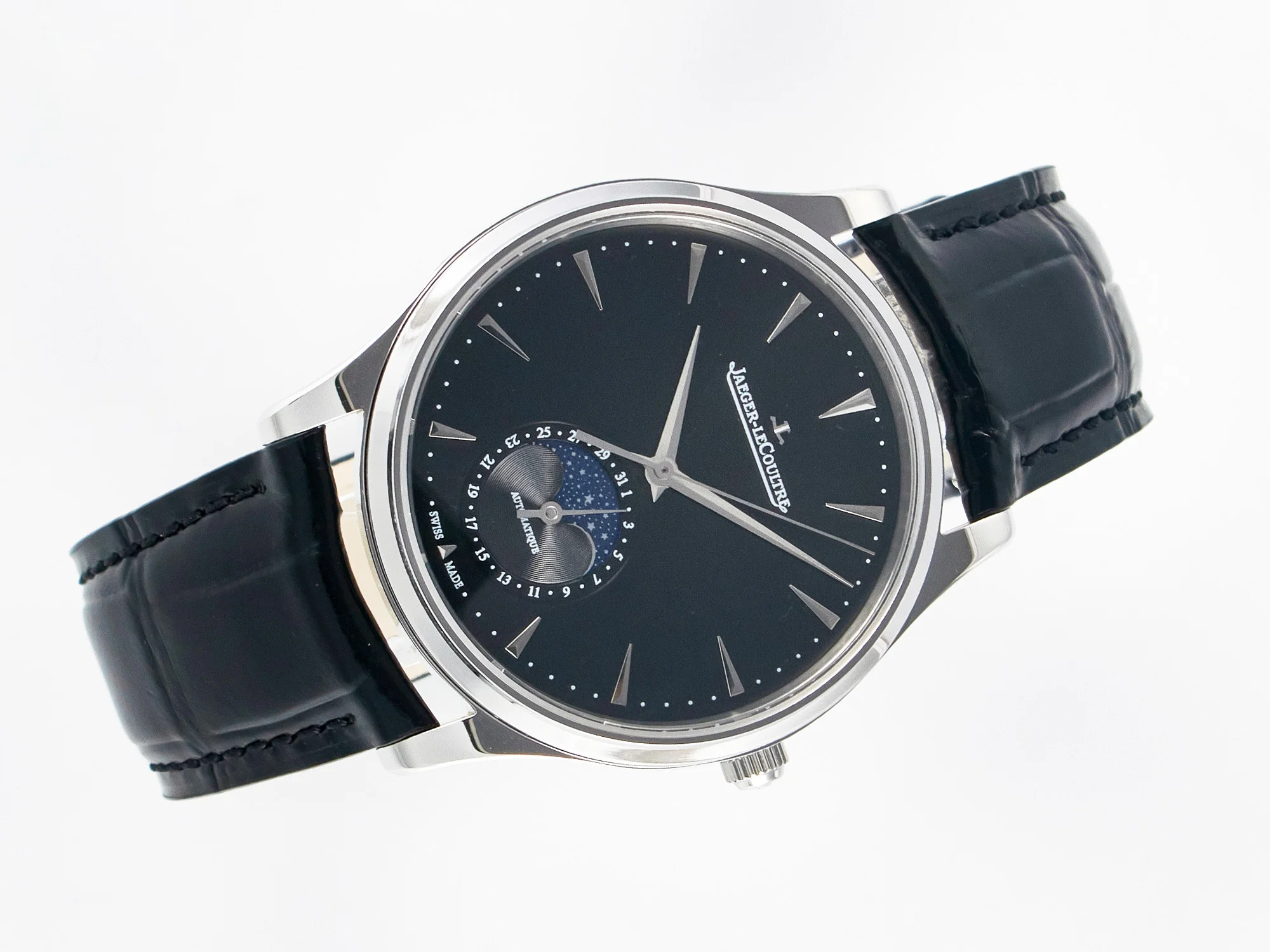 Master Ultra Thin Moon 1368420 SS Z+F 1:1 Best Edition Black Dial on Black Leather Strap SA925 Super Clone