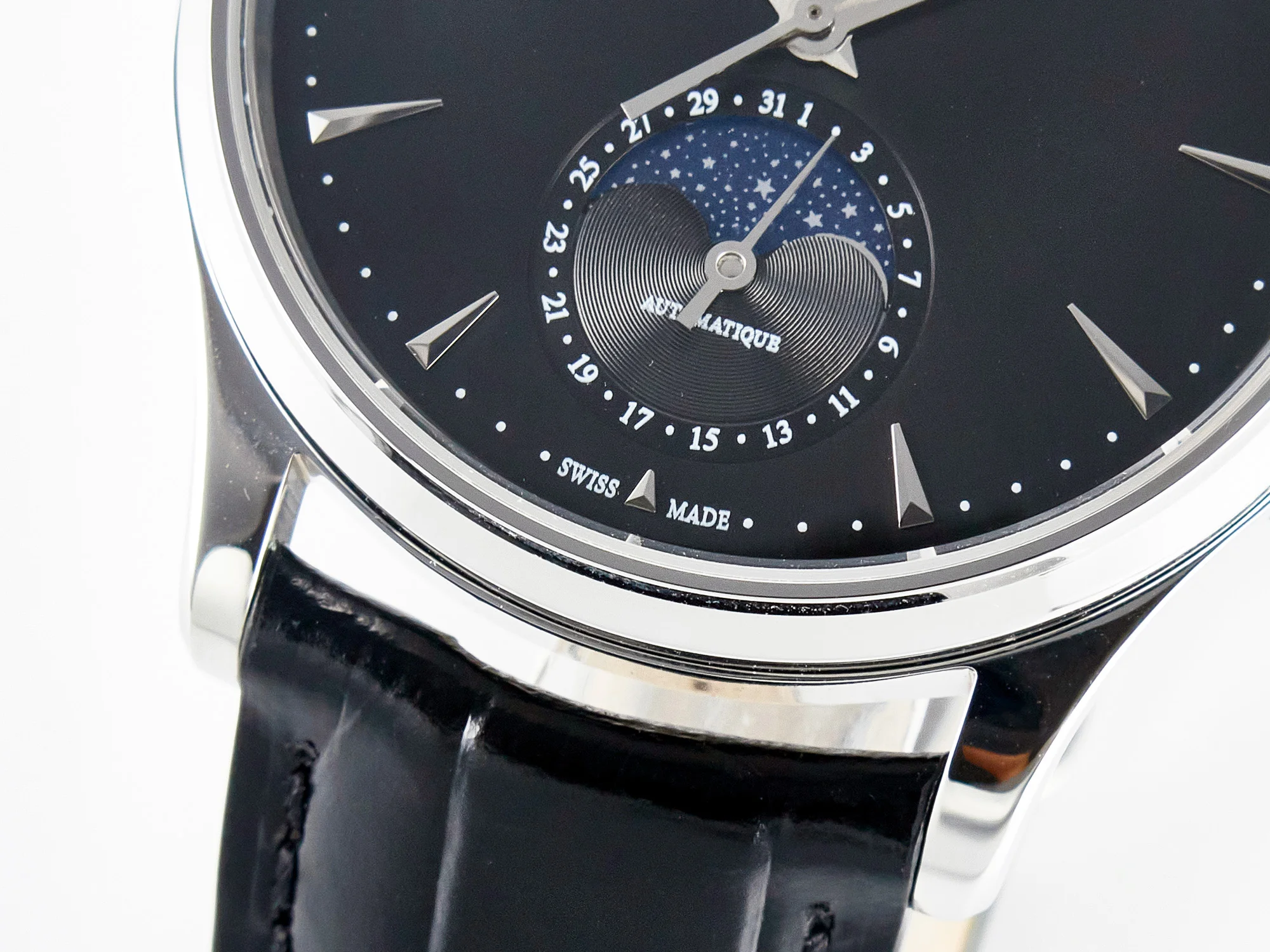 Master Ultra Thin Moon 1368420 SS Z+F 1:1 Best Edition Black Dial on Black Leather Strap SA925 Super Clone