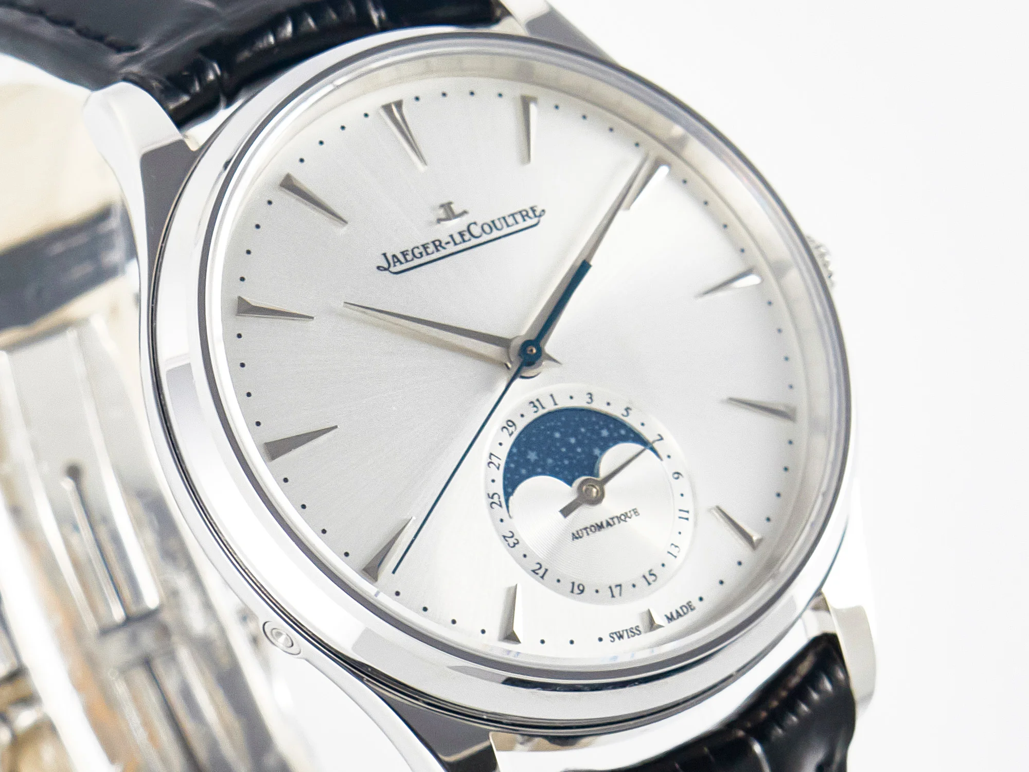 Master Ultra Thin Moon 1368420 SS Z+F 1:1 Best Edition White Dial on Black Leather Strap SA925 Super Clone