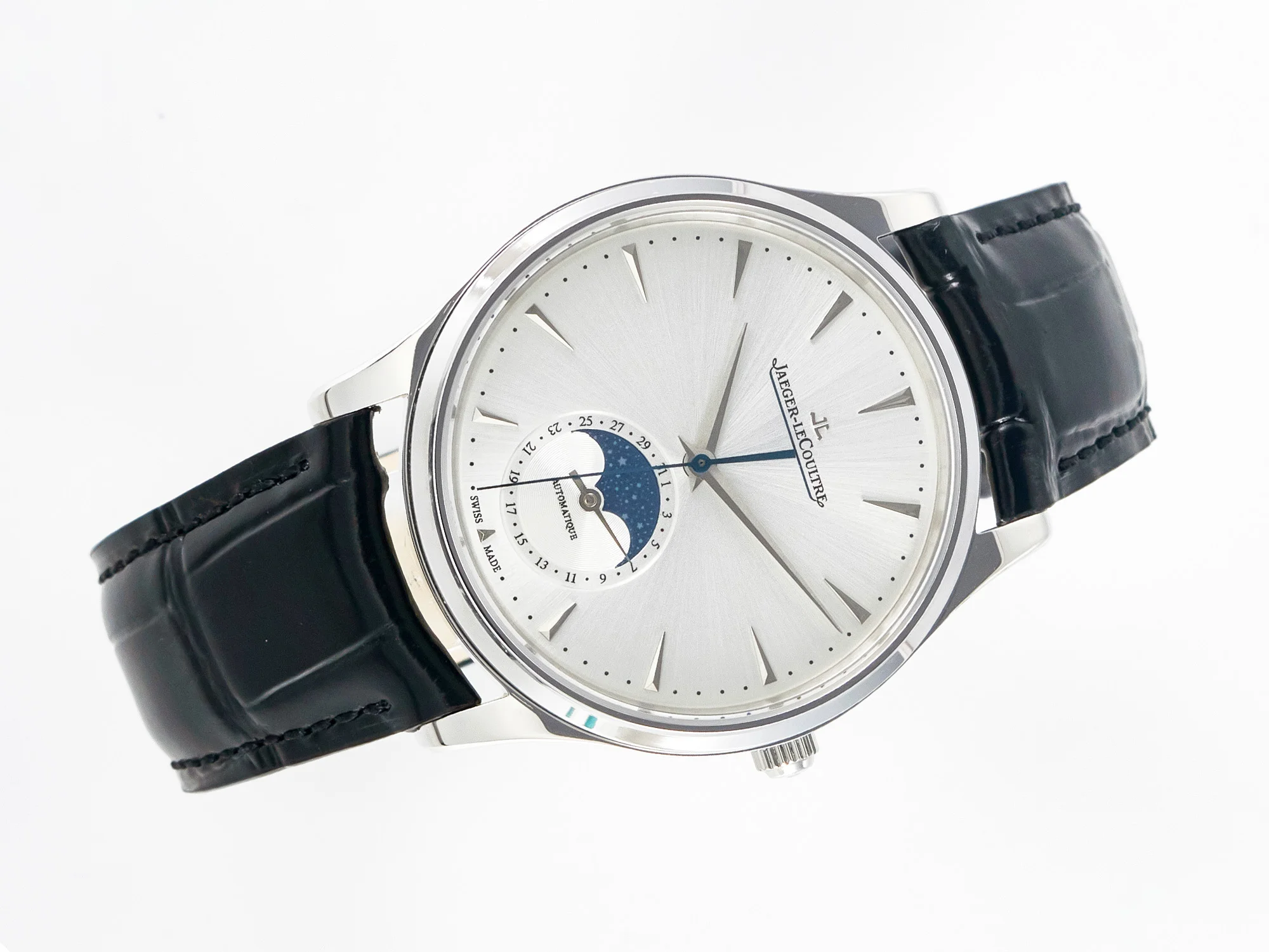 Master Ultra Thin Moon 1368420 SS Z+F 1:1 Best Edition White Dial on Black Leather Strap SA925 Super Clone