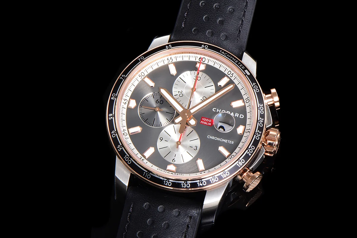 Mille Miglia GTS Chrono Grey Dial in Rose Gold/Steel on Black Leather Strap