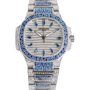 Nautilus 7118 Diamond Paved Dial with Blue Diamond Markers in White Gold