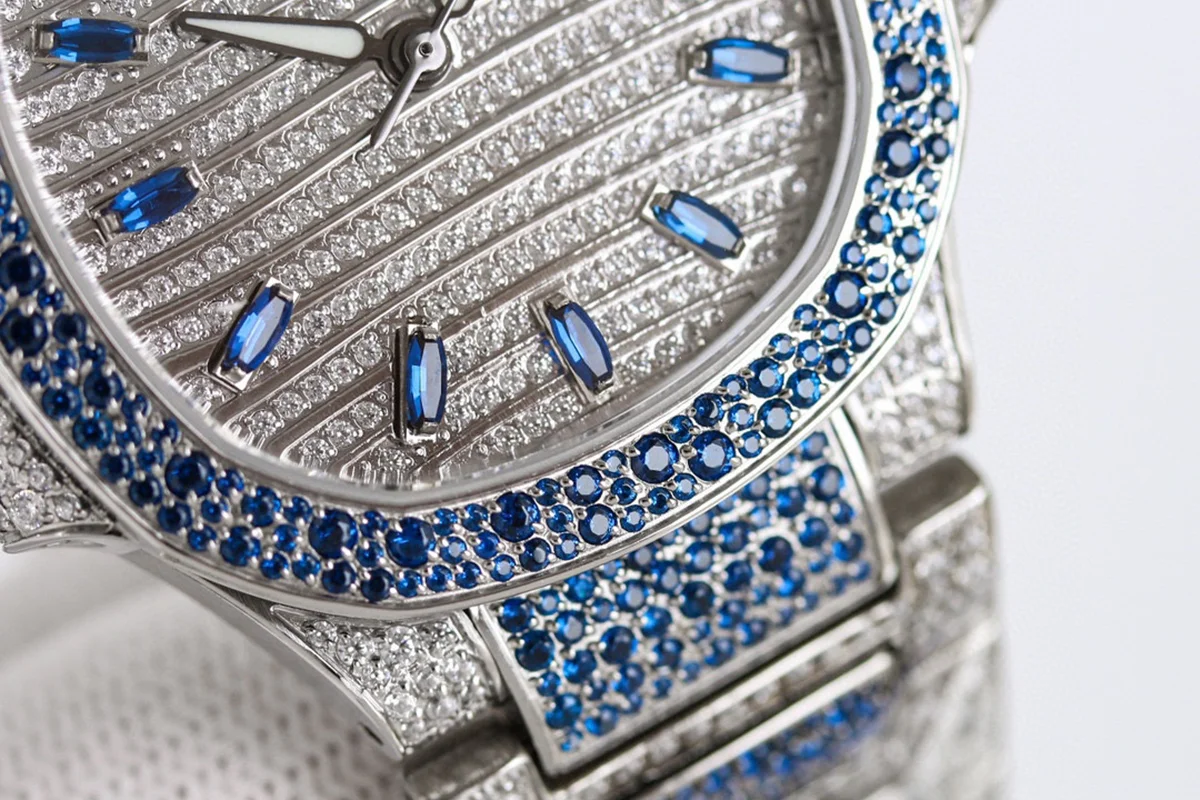 Nautilus 7118 Diamond Paved Dial with Blue Diamond Markers in White Gold