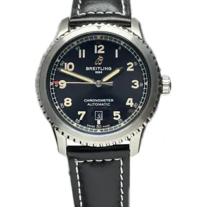 Navitimer Aviator 8 Automatic 41 Black Dial in Steel on Black Leather Strap
