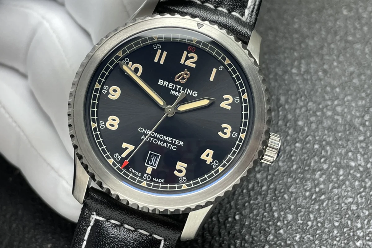 Navitimer Aviator 8 Automatic 41 Black Dial in Steel on Black Leather Strap