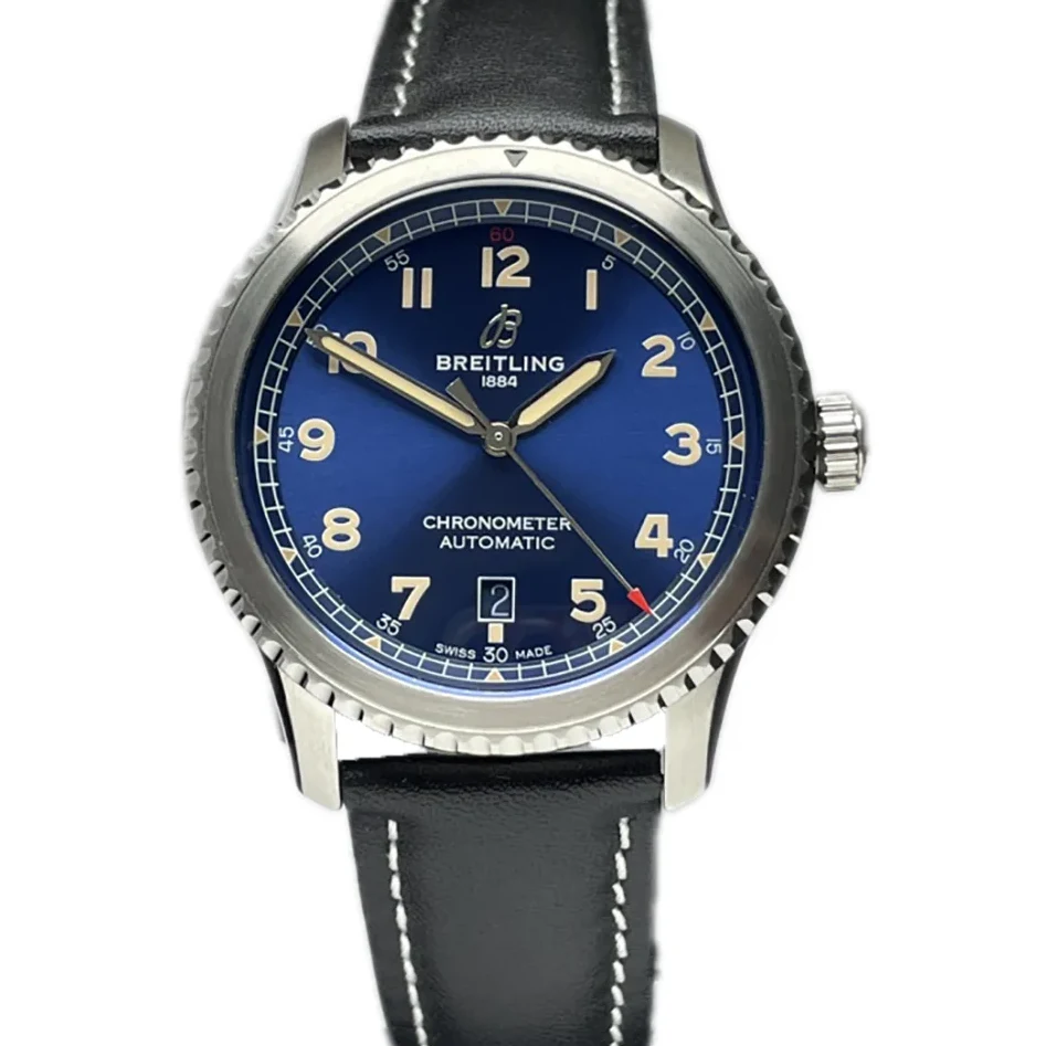 Navitimer Aviator 8 Automatic 41 Blue Dial in Steel on Black Leather Strap