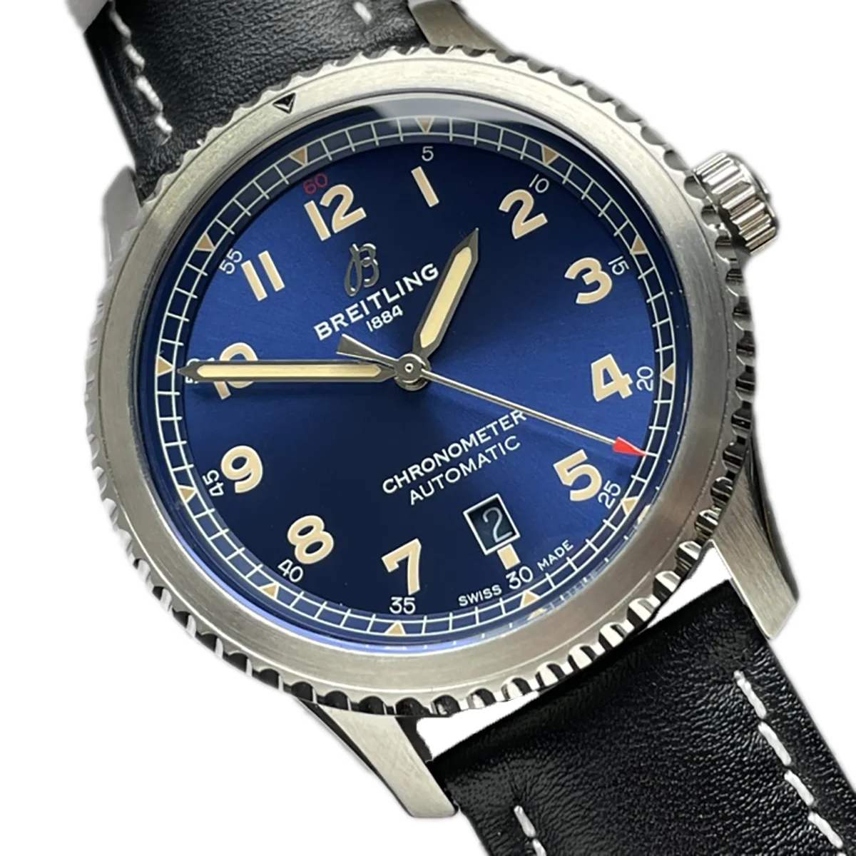 Navitimer Aviator 8 Automatic 41 Blue Dial in Steel on Black Leather Strap