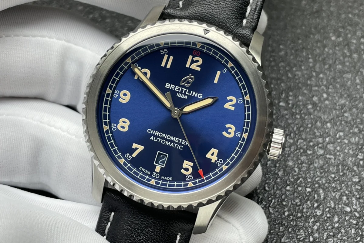 Navitimer Aviator 8 Automatic 41 Blue Dial in Steel on Black Leather Strap