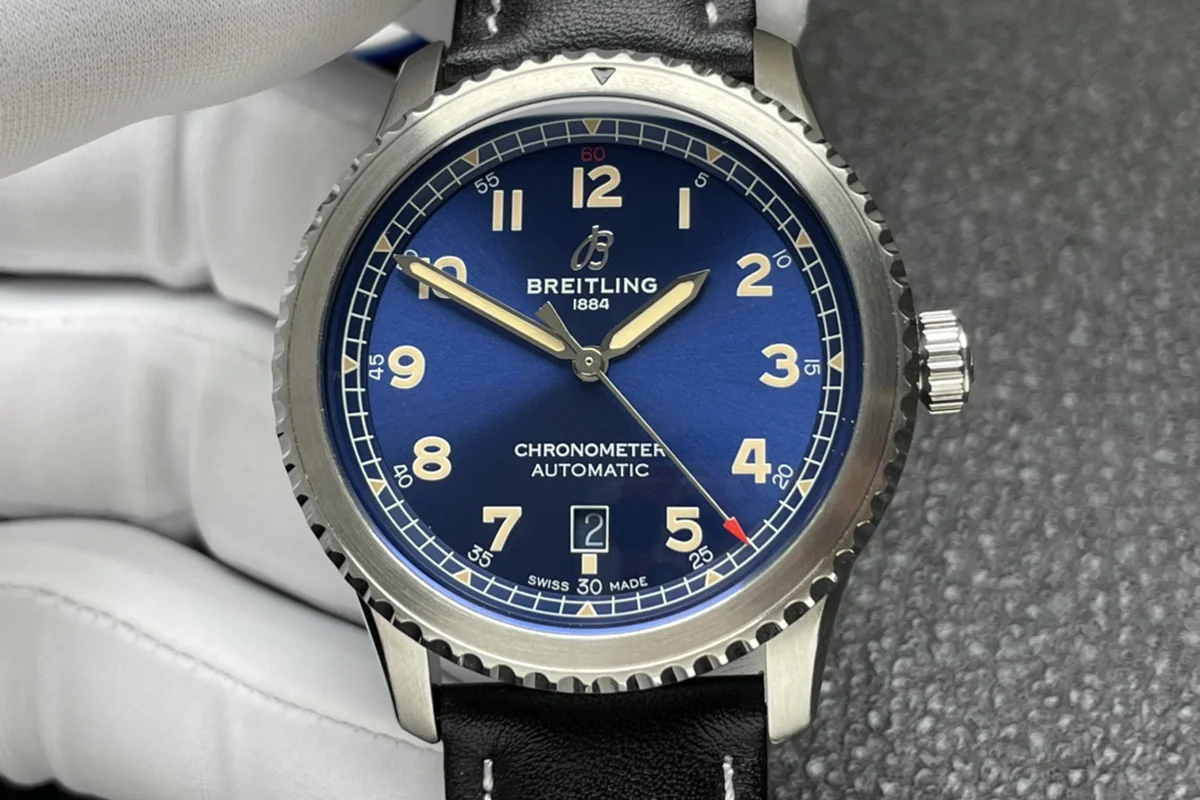 Navitimer Aviator 8 Automatic 41 Blue Dial in Steel on Black Leather Strap