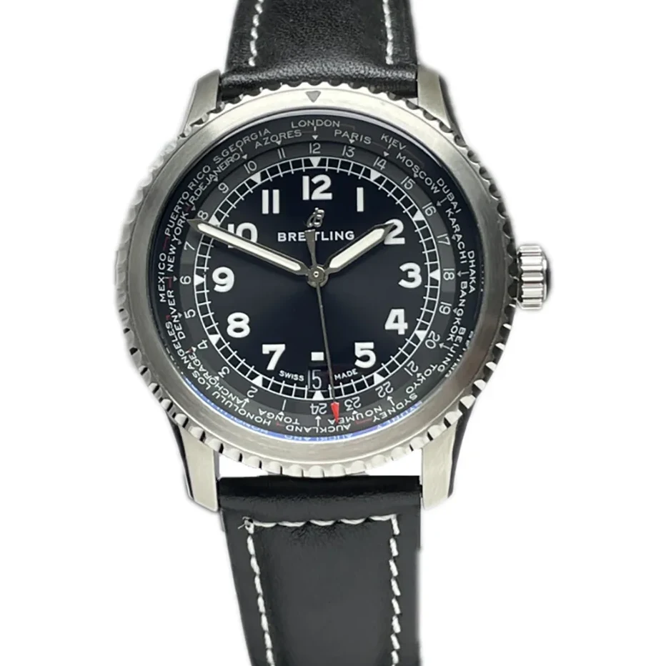 Navitimer Aviator 8 Automatic 45 Black Dial in Steel on Black Leather Strap