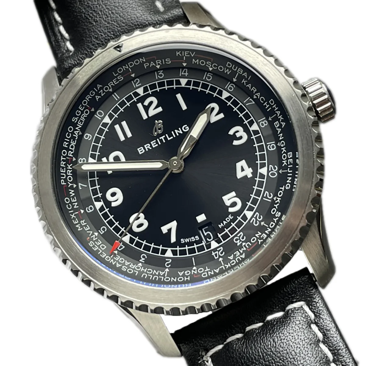 Navitimer Aviator 8 Automatic 45 Black Dial in Steel on Black Leather Strap