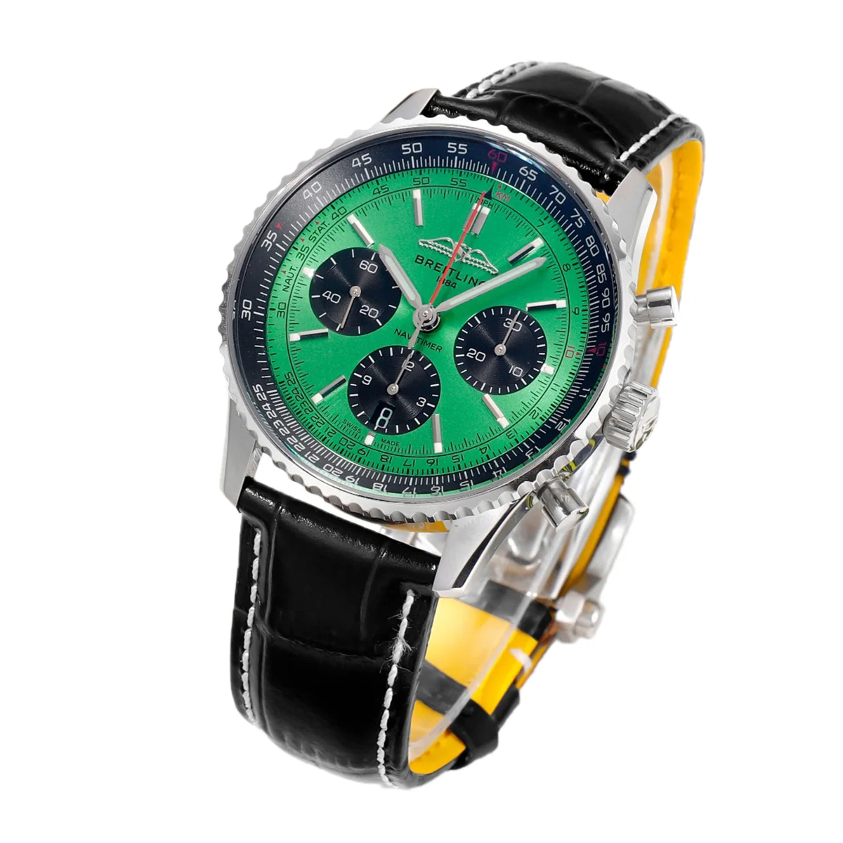 Navitimer B01 Chronograph 43 Green Dial in Steel on Leather Strap Ref. AB0138241L1P1