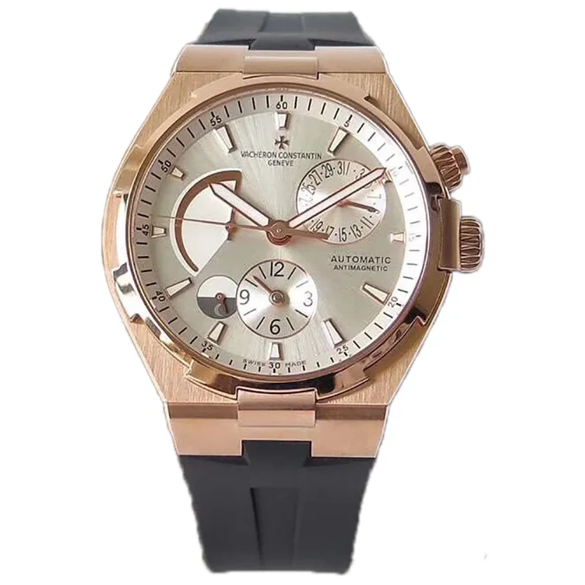 Overseas Dual Time White Dial in Rose Gold on Rubber Strap