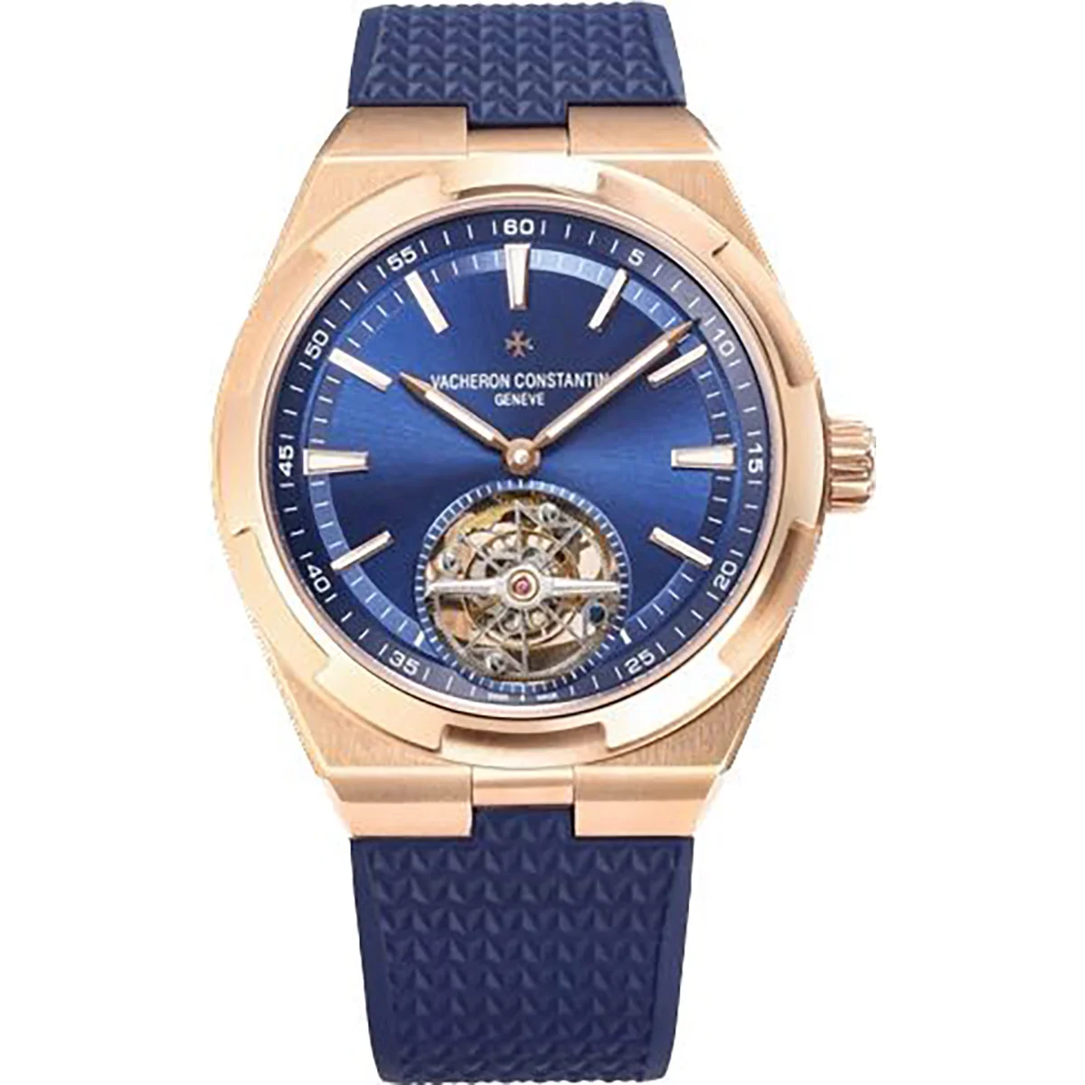 Overseas Tourbillion in Pink Gold on Blue Rubber Strap
