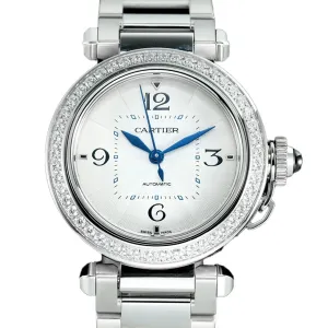 Pasha de Cartier White Dial 35mm with Diamond Bezel in Steel