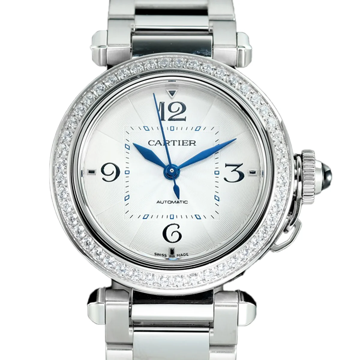 Pasha de Cartier White Dial 35mm with Diamond Bezel in Steel