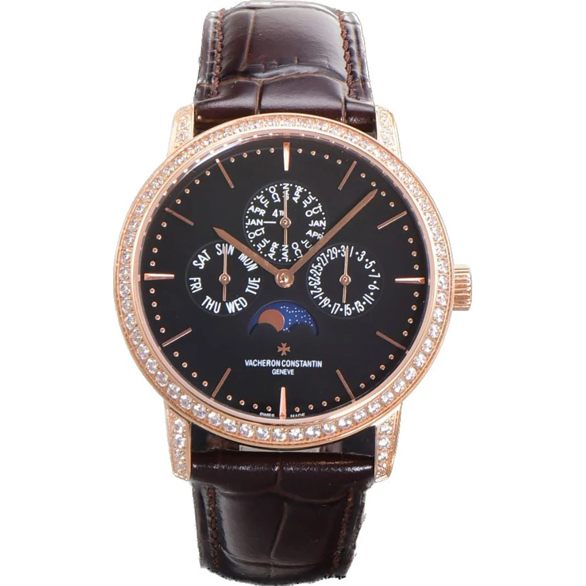 Patrimony Perpetual Calendar Ultra-Thin Black Dial in Pink Gold with Diamond Bezel