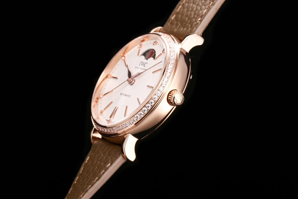 Portofino IW6596 Automatic Moon Phase 37 White Dial in Rose Gold on Brown Leather Strap