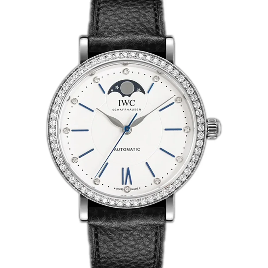 Portofino IW659601 Automatic Moon Phase 37 White Dial on Black Leather Strap