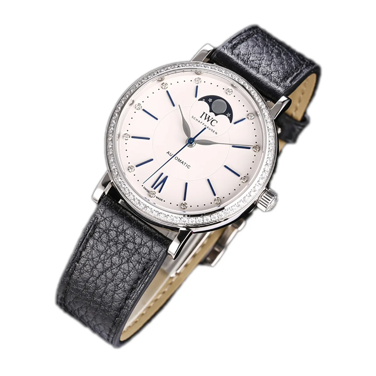 Portofino IW659601 Automatic Moon Phase 37 White Dial on Black Leather Strap