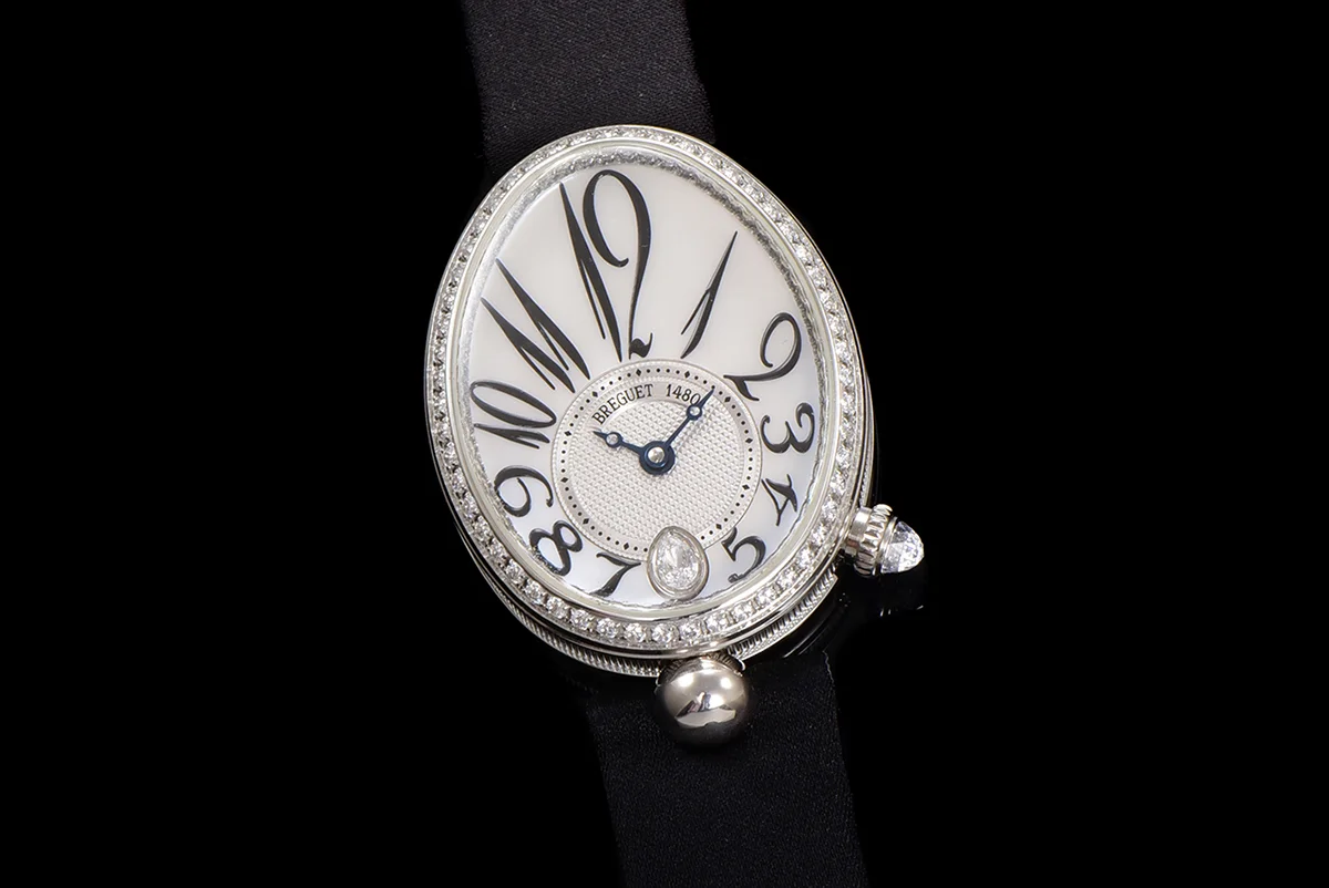 Reine de Naples in White Gold 8918BB on Black Leather Strap