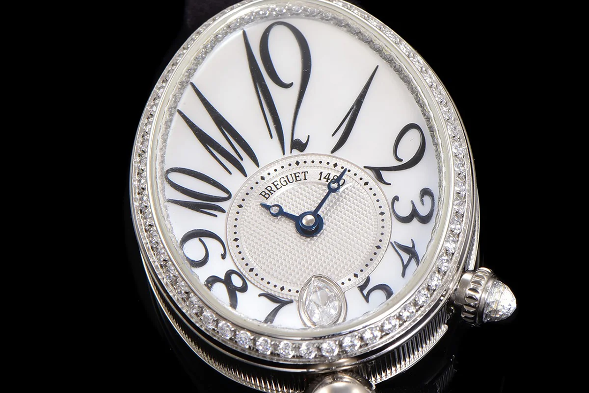 Reine de Naples in White Gold 8918BB on Black Leather Strap