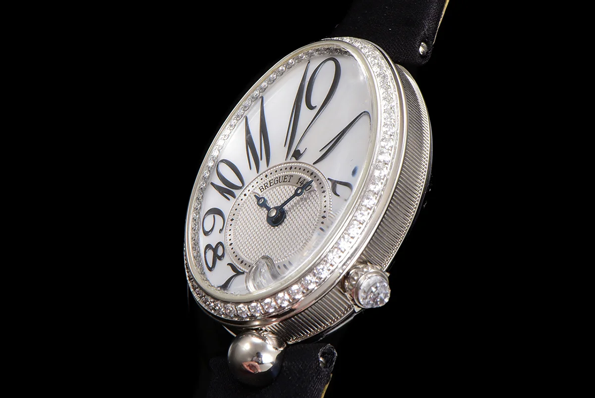 Reine de Naples in White Gold 8918BB on Black Leather Strap