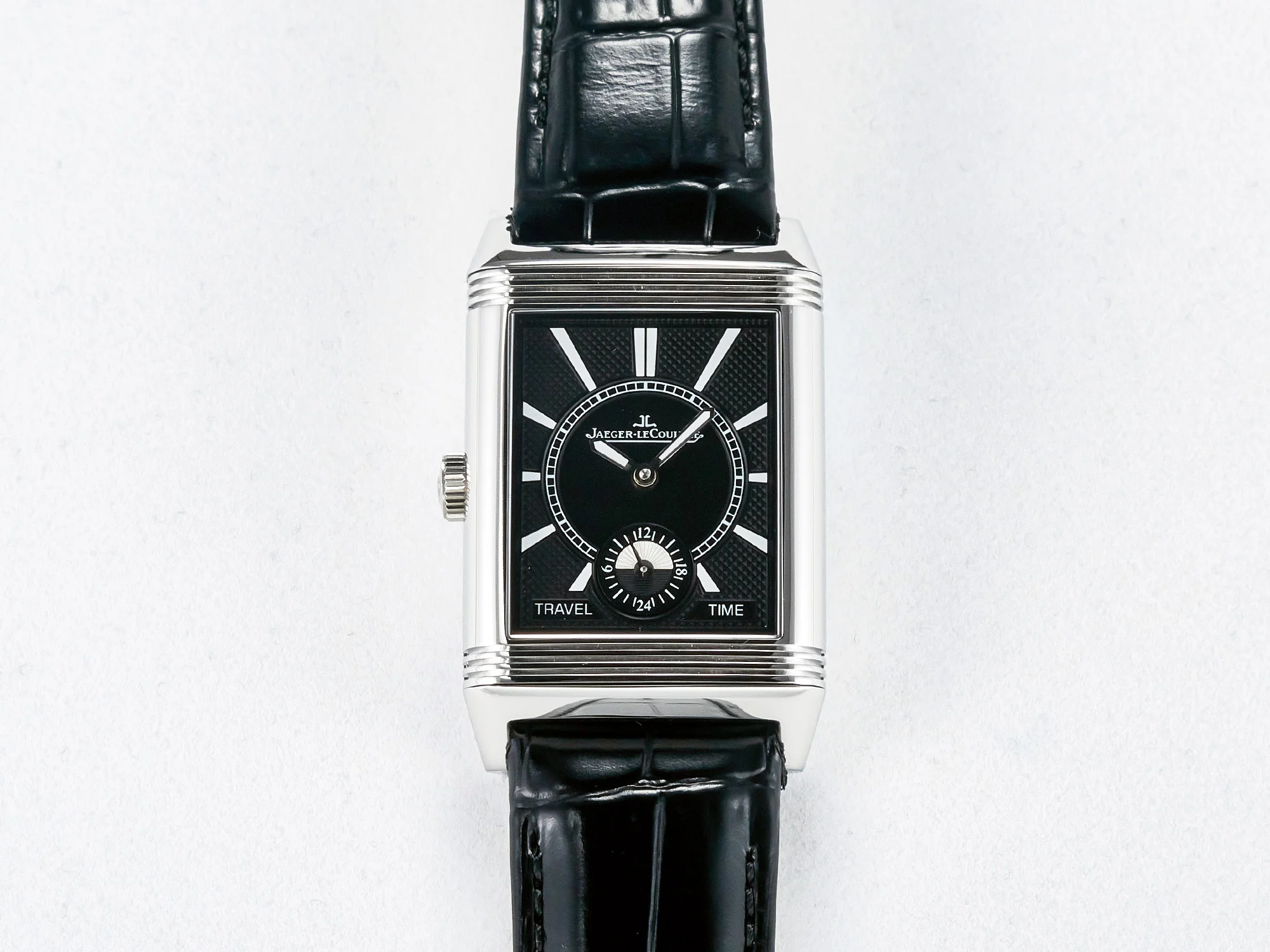 Reverso Classic Duoface Small Seconds SS MGF Best Edition White Guilloché Dial on Black Leather Strap A854A