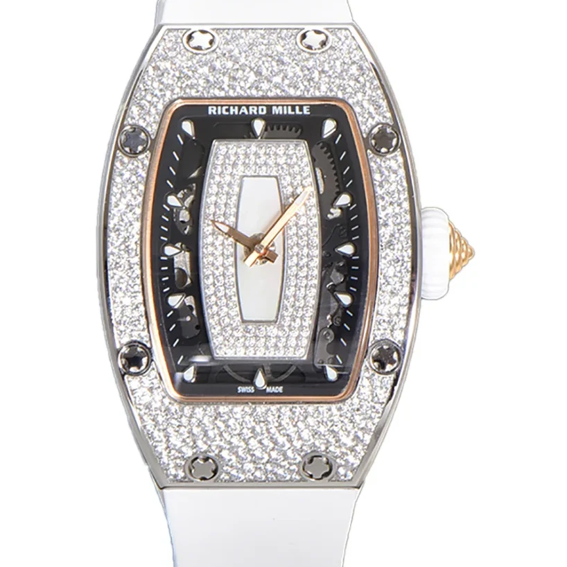 RM 007 Automatic Ladies with Diamond Bezel in Steel on White Rubber Strap