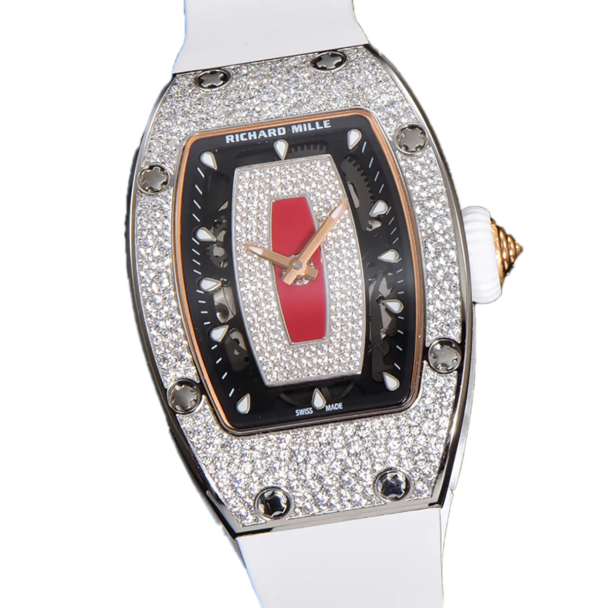RM 007 Automatic Ladies with Diamond Bezel in Steel on White Rubber Strap