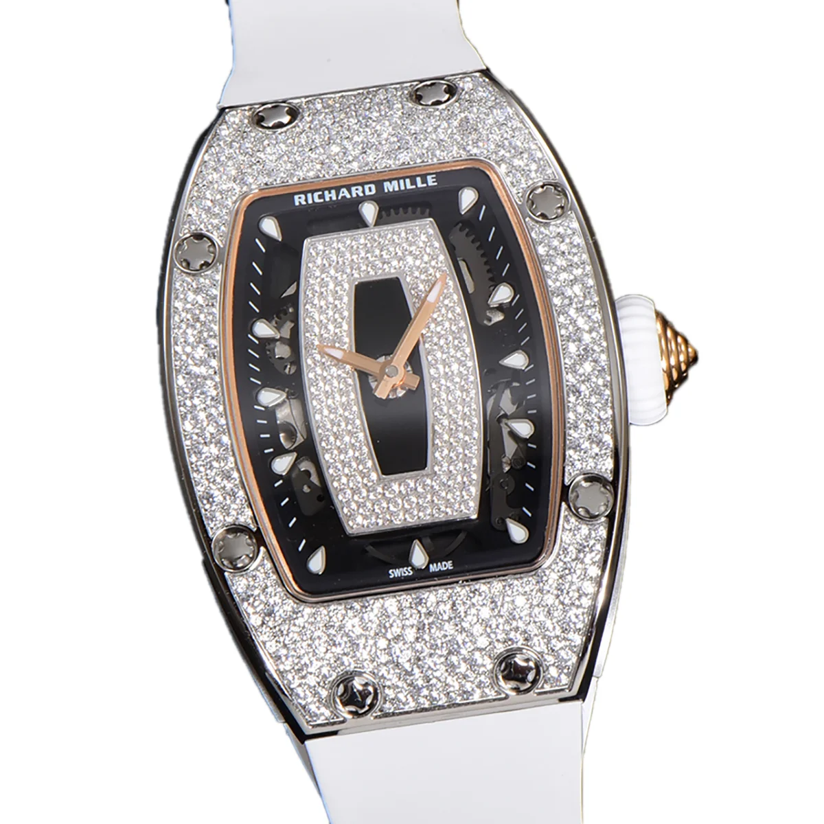 RM 007 Automatic Ladies with Diamond Bezel in Steel on White Rubber Strap
