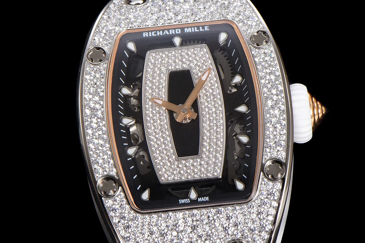 RM 007 Automatic Ladies with Diamond Bezel in Steel on White Rubber Strap