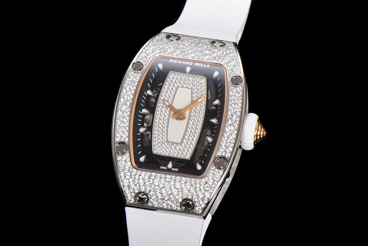 RM 007 Automatic Ladies with Diamond Bezel in Steel on White Rubber Strap
